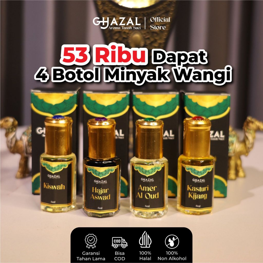 Ghazal Parfum - Paket 4 Aroma Mekkah, Kasturi Kijang, Amer Al Oud, Kiswah, Hajar Aswad Minyak Wangi 