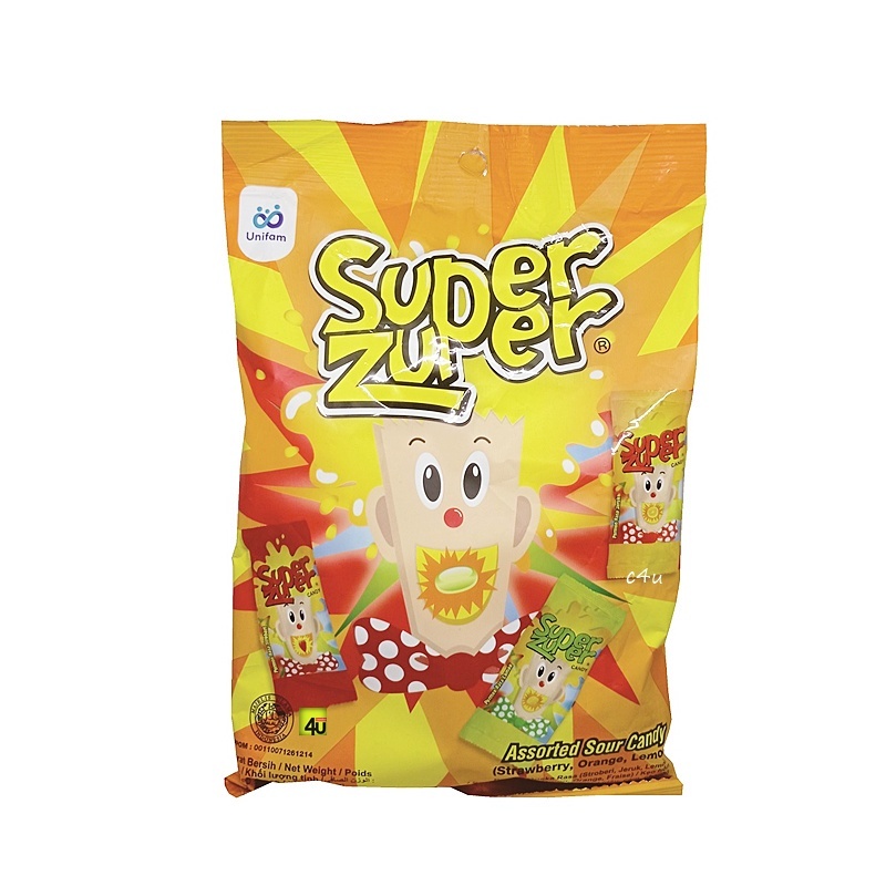 

Super Zuper Permen Asem Rasa Buah Bag - Sour Candy Mix 1 Bag (Isi 50 Pcs) @2.5 Gram Isi : 50 Pcs Super Zuper Candy tersedia dalam rasa: Stroberi, Lemon & Jeruk Permen yang memberikan efek “Kejutan Menyegarkan” dengan sensasi rasa dari asam ke manis