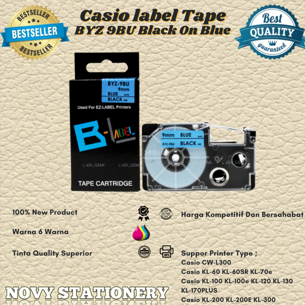 

Compatible Label Tape Casio BYZ 9BU Black On Blue KL-60 KL-60SR