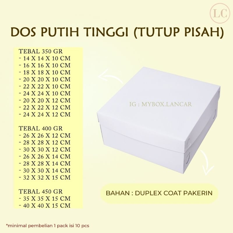

(Isi 5 LEMBAR) BOX TART PUTIH 40 X 40 X 15 CM, DUS TART PUTIH TUTUP PUTIH, KEMASAN TAR KUE SNACK CAKE