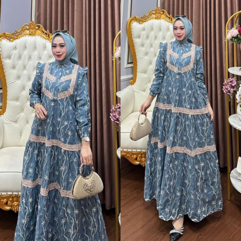 gamis susun wanita motif bunga bunga