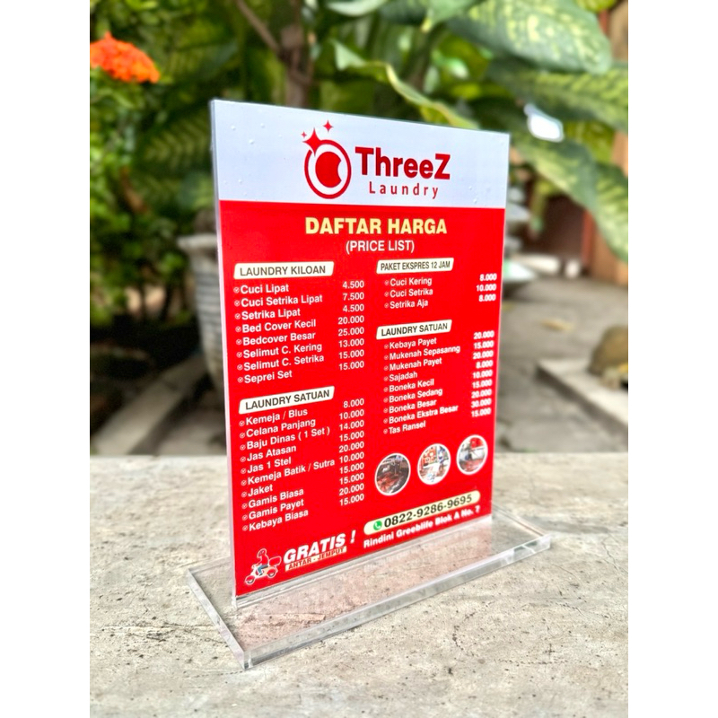 

AKRILIK MEJA 15x20 BISA CUSTOM / RUBAH BIAYA DAN NAMA LAUNDRY