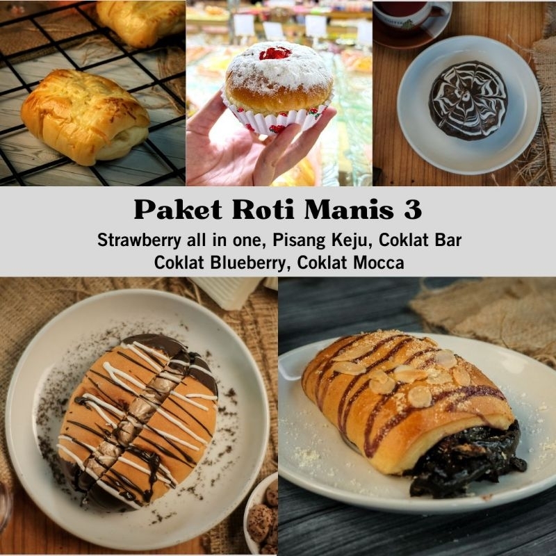 

Paket Roti Manis 3 isi Roti Strawberry All in One, Pisang Keju, Coklat Bar, Coklat Blueberry, Coklat Mocca