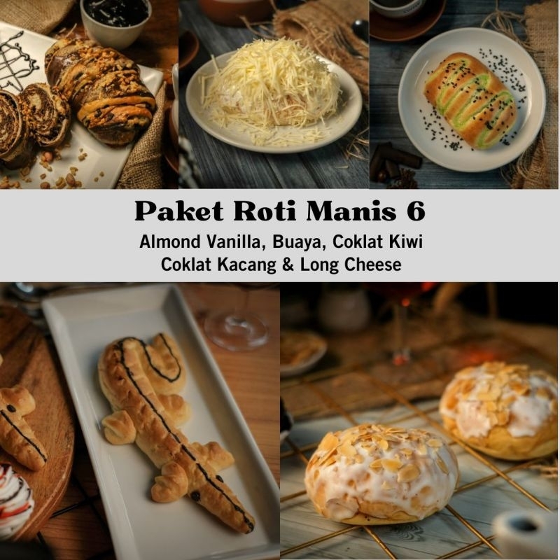 

Paket Roti Manis 6 isi Roti Almond Vanilla, Coklat Kiwi, Buaya, Long Cheese, Coklat Kacang