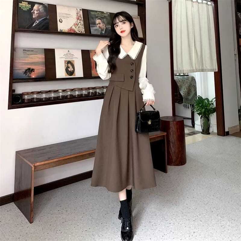 MIDI DRESS VINTAGE KOREAN STYLE - MIDI DRESS WANITA LONG SLEEVE - DRESS CEWEK STYLE KOREA VINTAGE