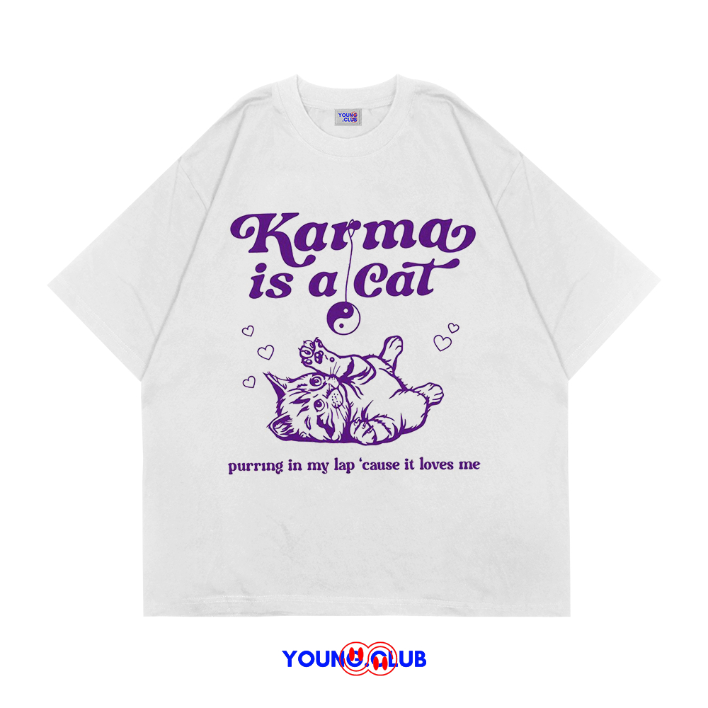 YOUNG.CLUB | KAOS BAJU KARMA IS A CAT PURPLE | T-SHIRT OVERSIZE PUTIH STYLE Y2K VINTAGE BOOTLEG GRUN