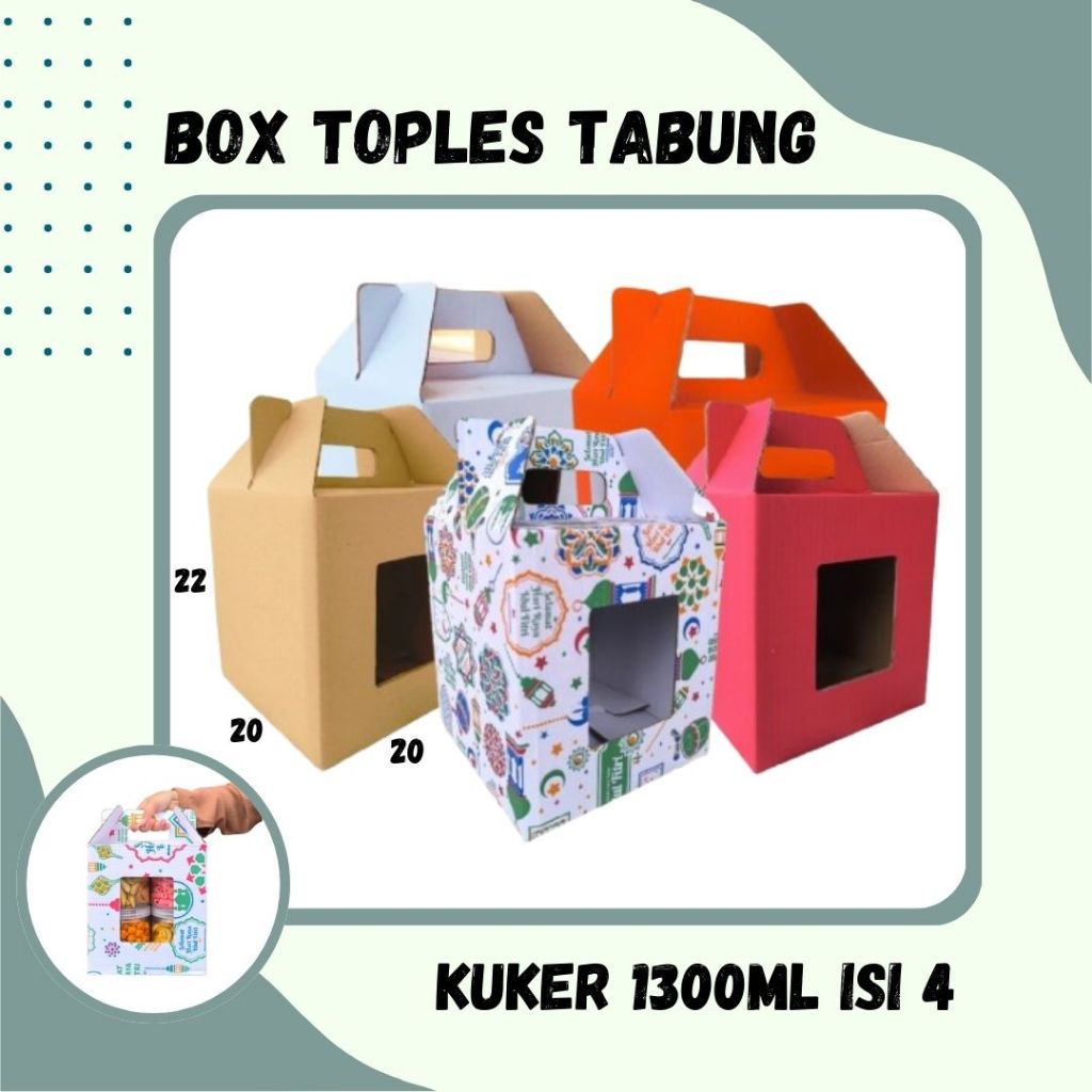 

Box 20x20x22 Jinjing (KUKER TOPLES JAR 1300ml ISI 4) Kardus Idul Fitri Lebaran Hampers/Ied Mubarak/Box Boneka/Hampers Kue Kering
