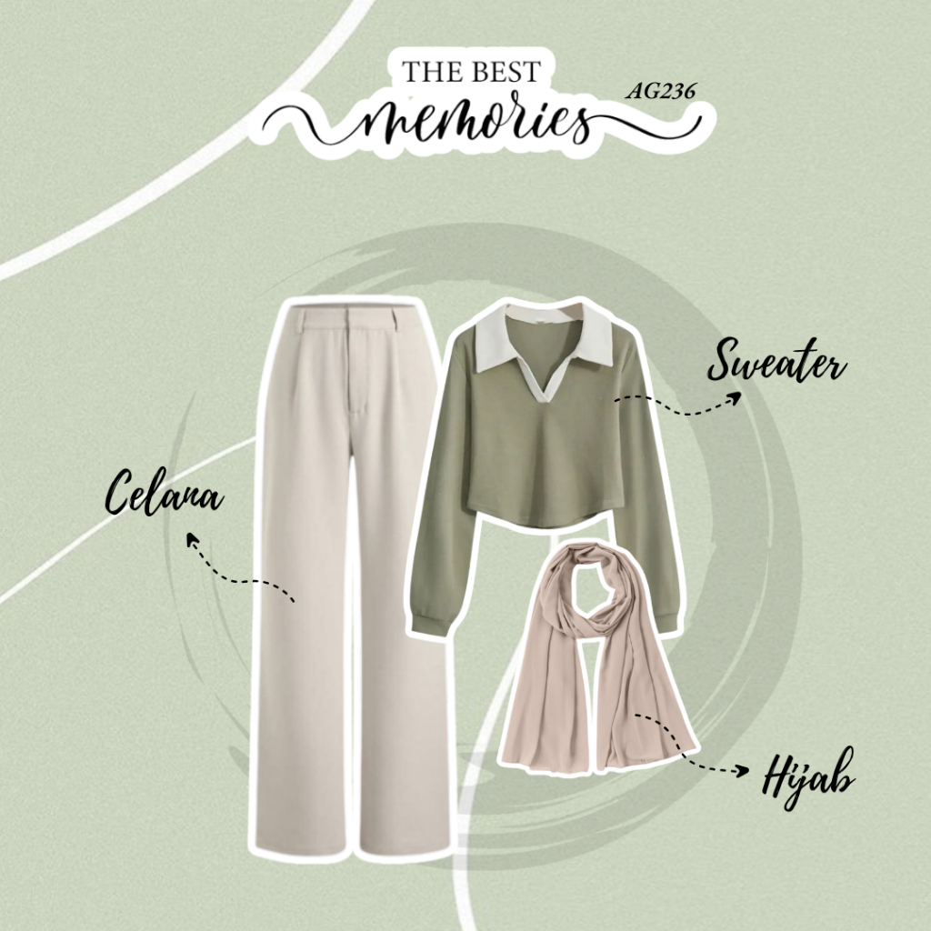 3in1 OOTD One Set Wanita Kekinian Outfit Set Korean Style Terbaru | Sweater + Celana + Hijab | Outfi