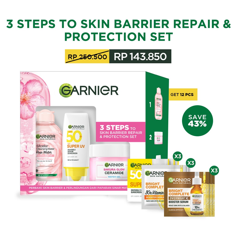 GARNIER 2pcs 3pcs Paket Skincare Set | Micellar Water Serum Wajah Moisturizer Gel Super UV Sunscreen