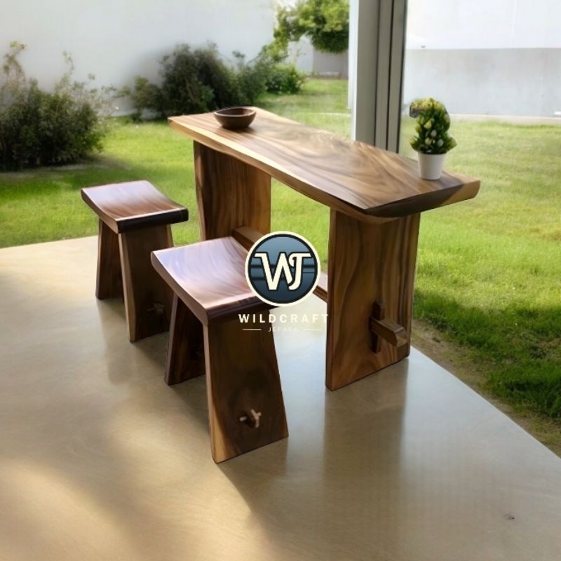 MEJA TERAS 2 BANGKU KAYU TREMBESI SOLID