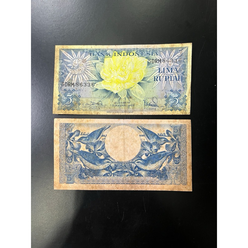 Uang kertas kuno asli Indonesia 5 rupiah 1952