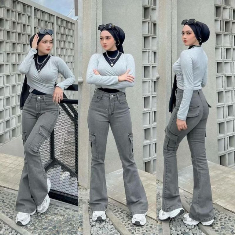 Celana Jeans Cutbray Cargo wanita Highwaist Stretch Kekinian Style Korean Panjang Cewek Celana Jeans