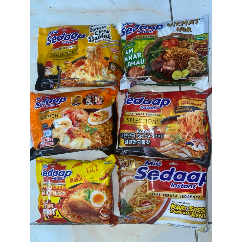 

MIE SEDAAP INSTANT RASA SOT, GORENG, KARI AYAM, AYAM JERIT, SINGAPORE SPICY LAKSA, AYAM BAKAR LIMAU, KOREAN CHEESE BULDAK, AYAM BAWANG