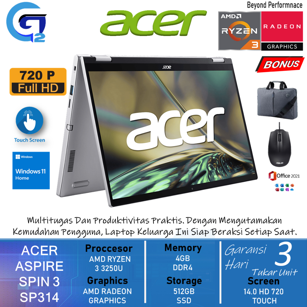 Laptop 2in1 Acer Aspire Spin 3 SP314 AMD Ryzen 3 3250U 4GB 512GB SSD 14 HD 720 Touch Windows 11 Home