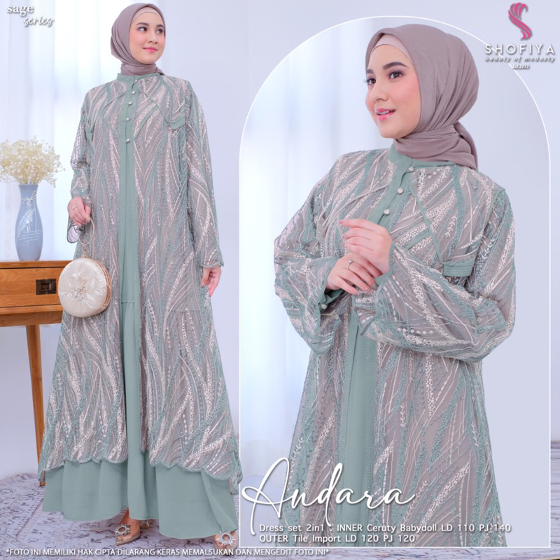 DRESS ANDARA SYARI PREMIUM / Gamis Inner Lebaran Kondangan Mix Outer 2in1 Brokat Panjang Dewasa Busu
