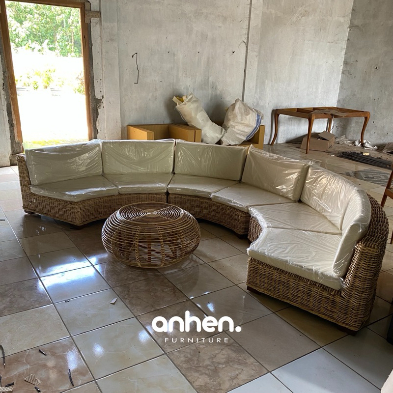 Set Sofa Tamu Rotan Alam Model Lingkaran / Sofa Rotan Estetik / Kursi Tamu Rotan