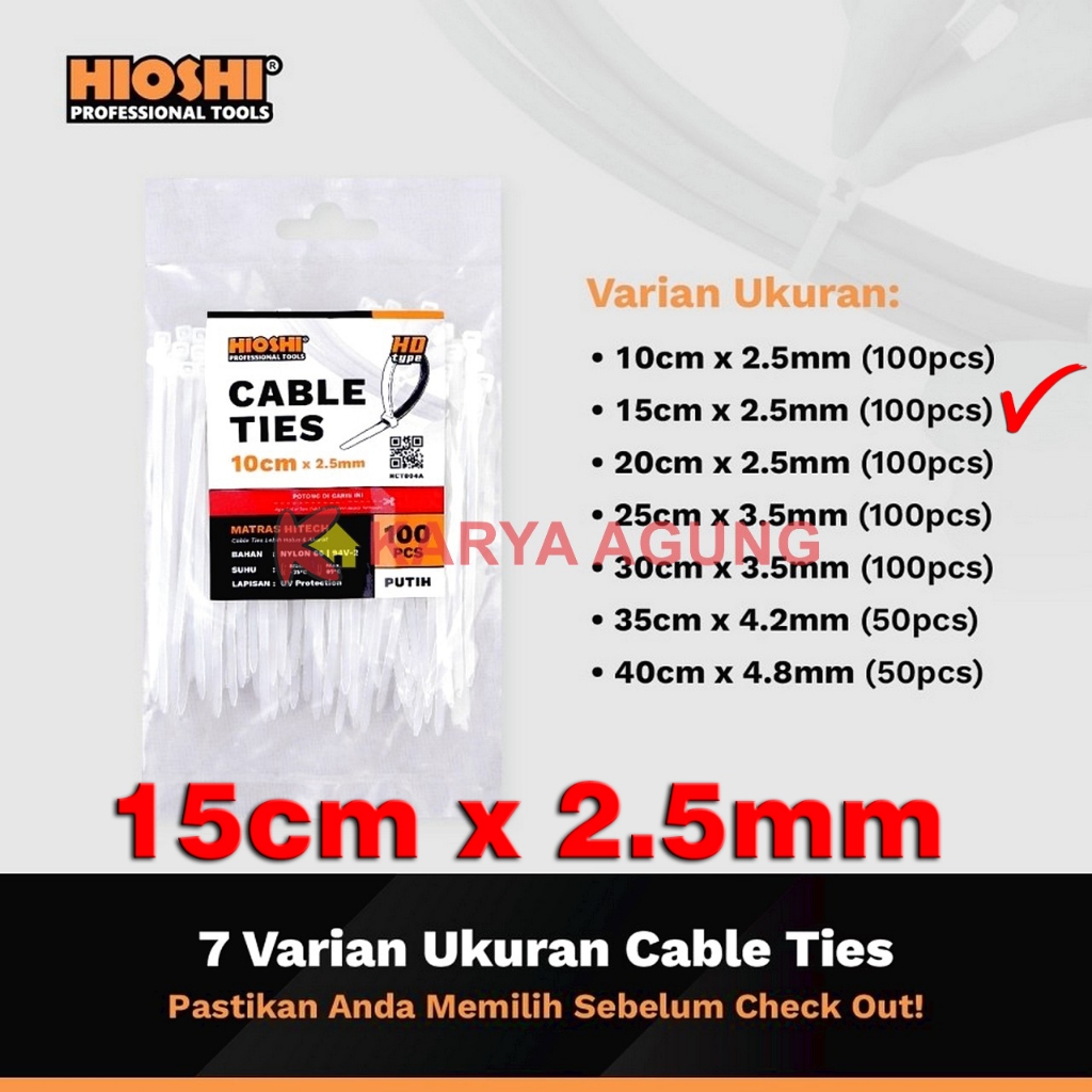 

Cable Ties HIOSHI 15cm x 2.5mm Nylon HCT004B / Kabel Tali Tis 15 cm Pendek 150 x 2,5 mm / Segel Pengikat Klip Kabel / Cable Tie