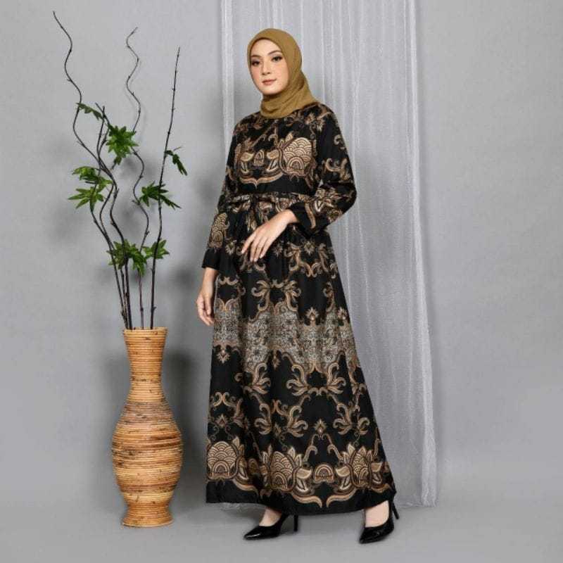 Gamis Kondangan Batik Dress Model Abaya Syari Motif Batik Terbaru Hitam Motif Bunga