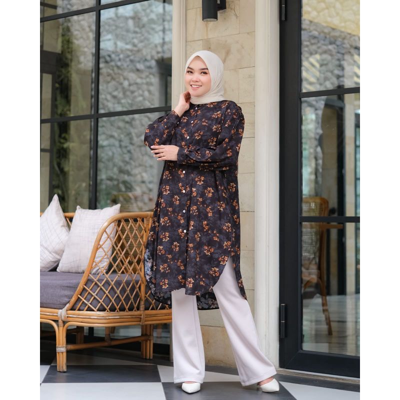 Long tunik katun rayon silky motif bunga busui [ROSALINE TUNIK]