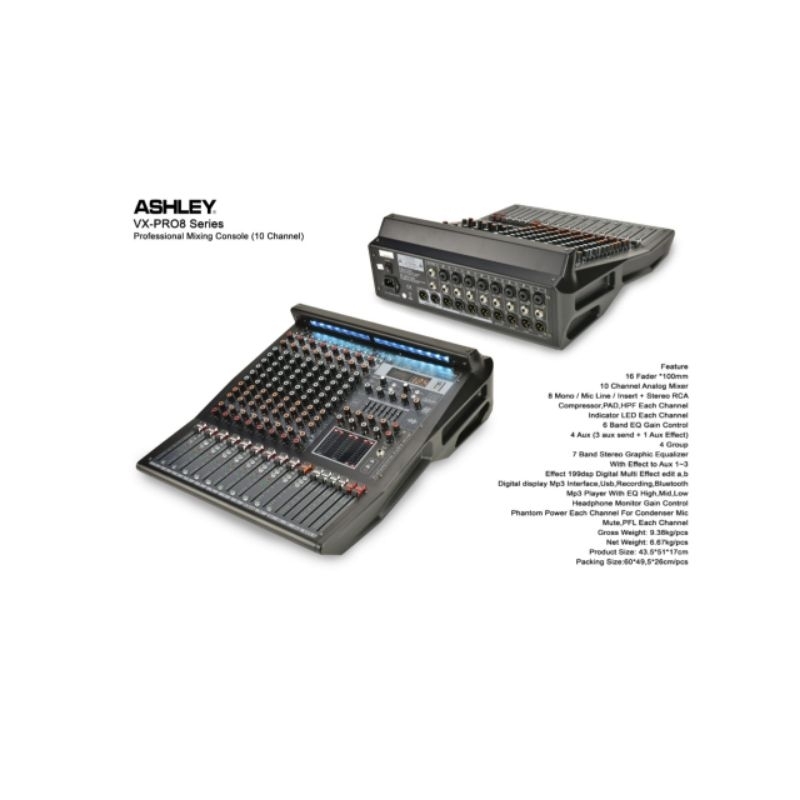 mixer ashley vx-pro8 mixer 10 channel bluetooth, Equaliser, 199dsp 4 group original garansi.