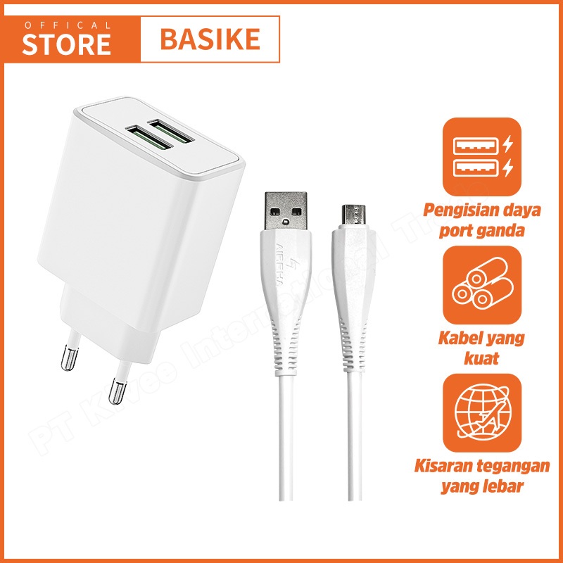 BASIKE Kabel Charger iPhone Fast Charging 2 USB Micro Samsung Xiaomi Vivo OPPO Universal EU Plug