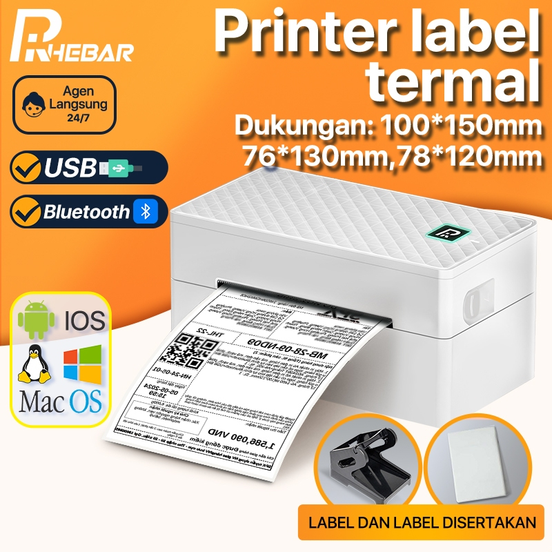 RHEBAR Printer Label Termal BY-482BT A6 Printer label pengiriman Max 110mm Sticker Printer Resi