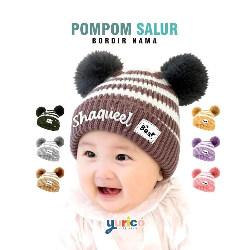 TOPI KUPLUK RAJUT ANAK BAYI POMPOM SALUR FREE BORDIR NAMA