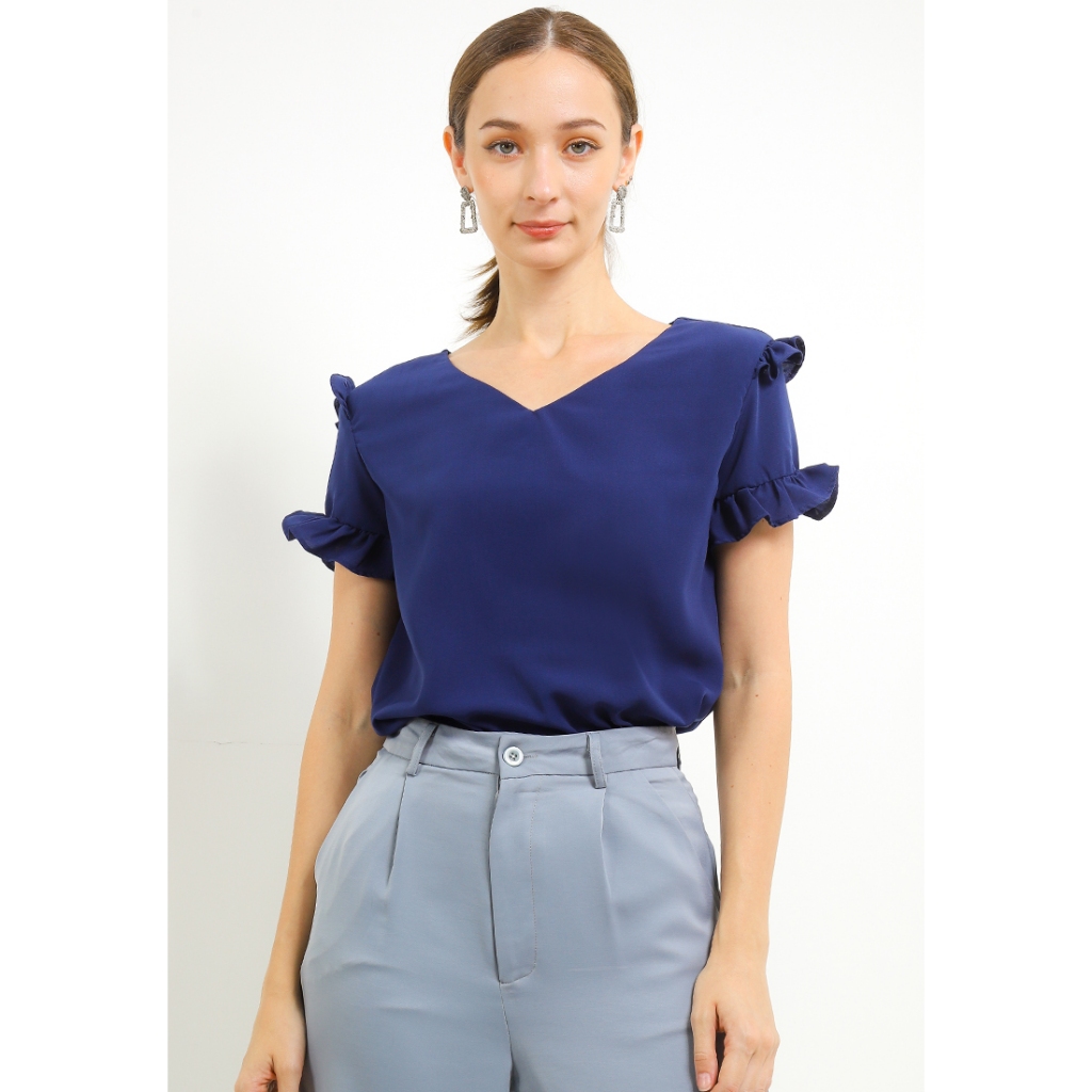 LLACES Clothing - Blouse Wanita - V Neck Ruffle Blouse - Navy