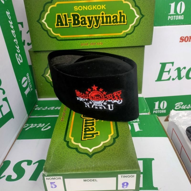 Songkok Hitam Bludru NU Merah Putih Nomor 5 Tinggi 9 | Peci Kopyah Kupluk Nasional Al Bayyinah Logo 
