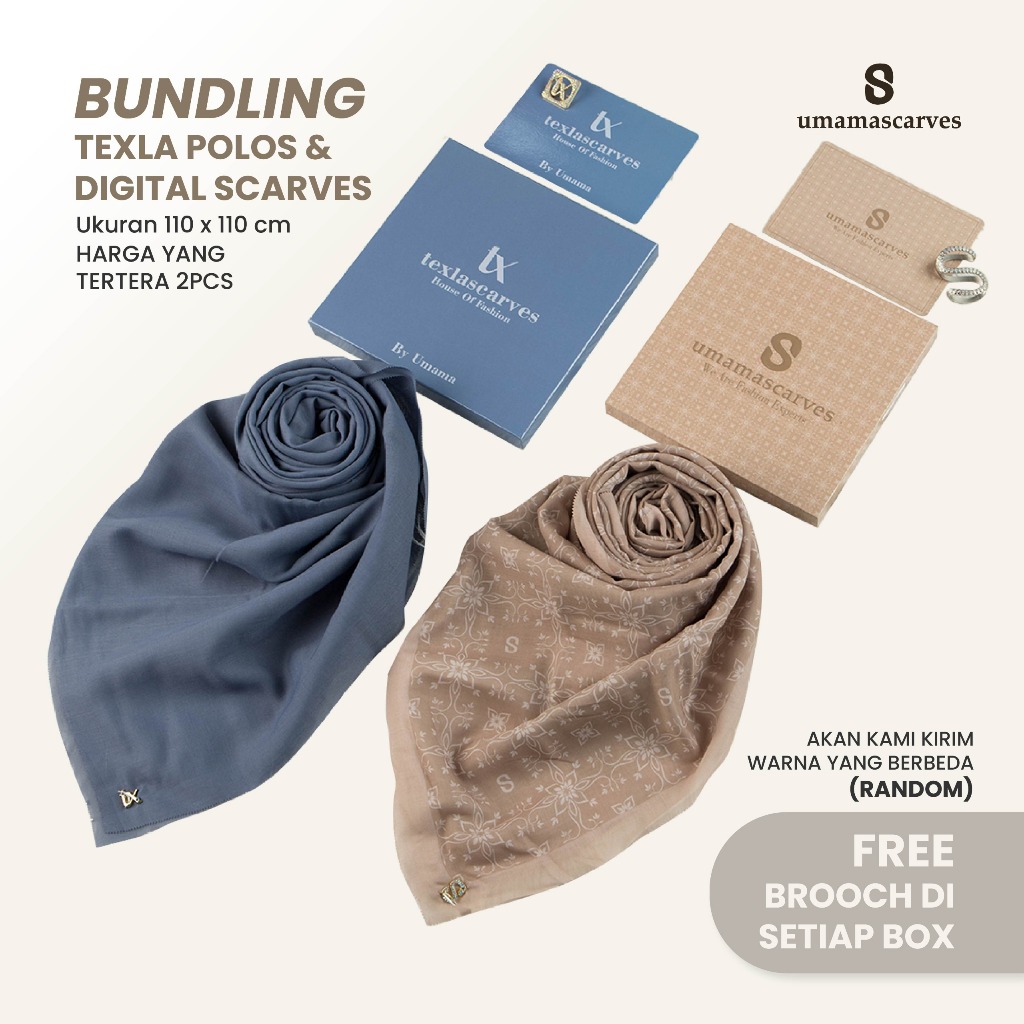 Umamascarves - Paket Bundling Random Digital Scarves Motif Box +  Texla Polos Box