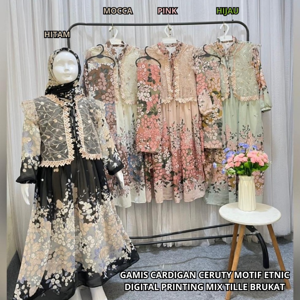 Gamis Ceruty Babydoll Printing Mix Brukat Tile Full Puring Mix Cardgian Brukat Anak Perempuan Tanggu