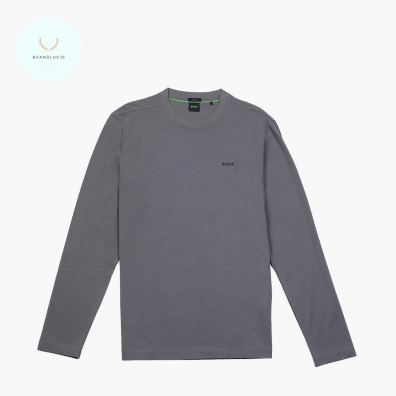 Hugo Boss Men Tee Long Sleeved T-Shirt in Light Grey Stretch Cotton with Contrast Logo