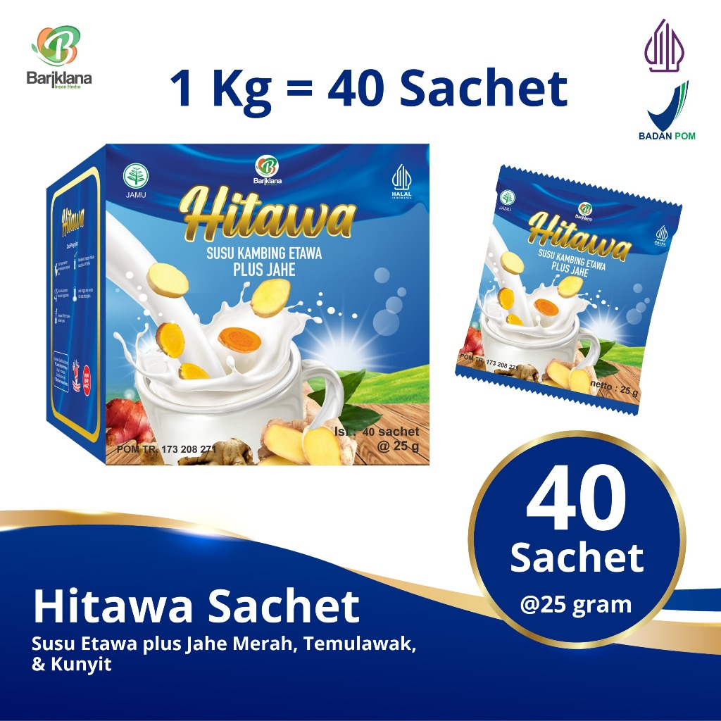 

Hitawa Susu Kambing Etawa Plus Jahe ( 1 box 1 kg isi 4 renceng || 1 Renceng 10 Sachet)