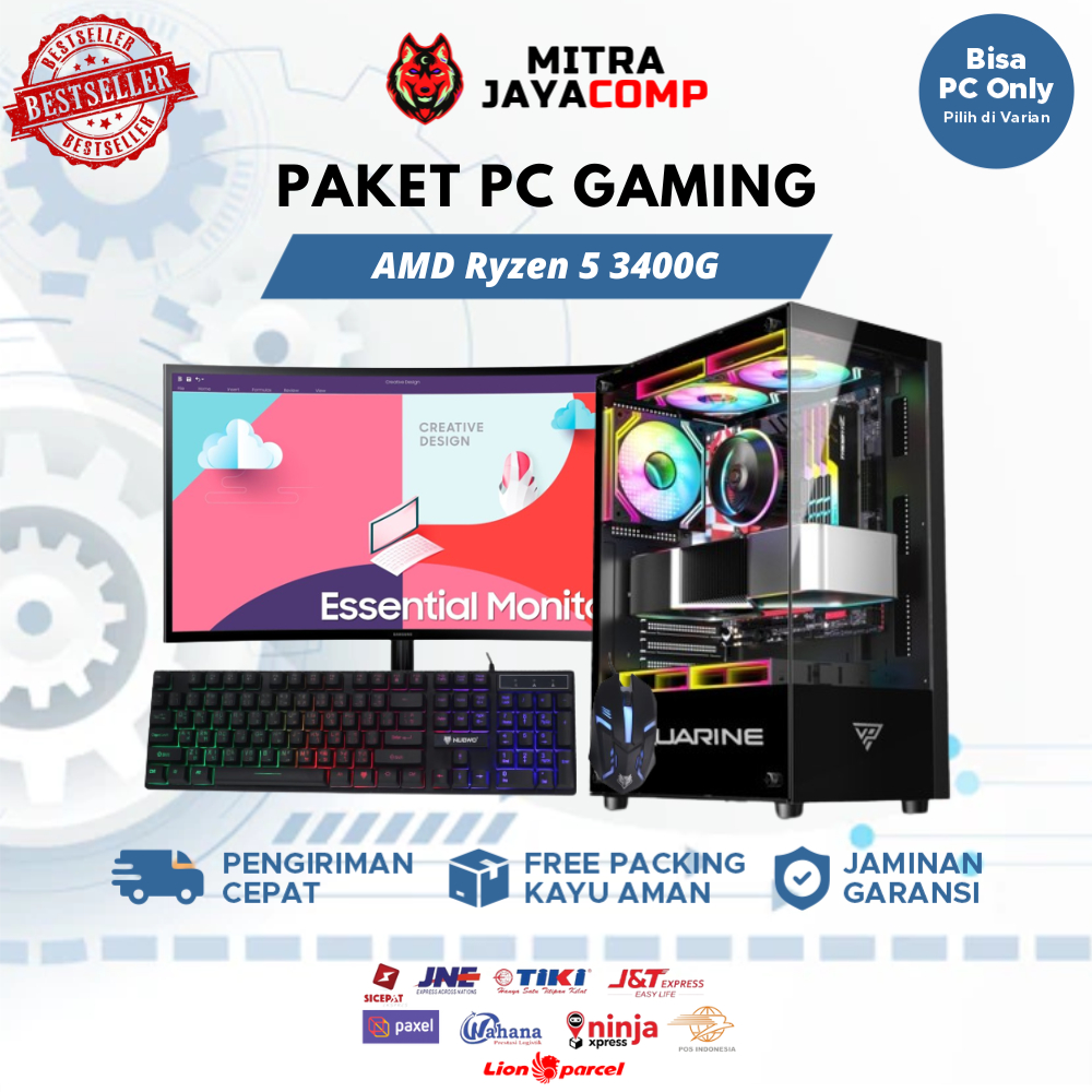PC Gaming Fullset AMD Ryzen 5 3400G Ram 16GB HDD SSD Monitor 24 Inch