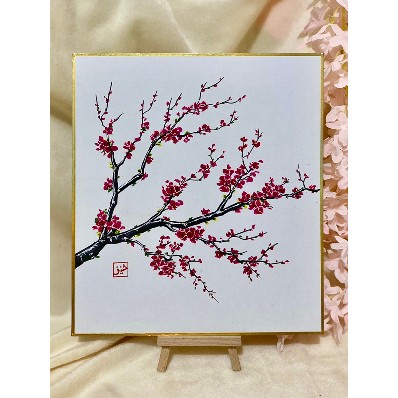 Lukisan Asli Bunga Sakura di Shikishi Board