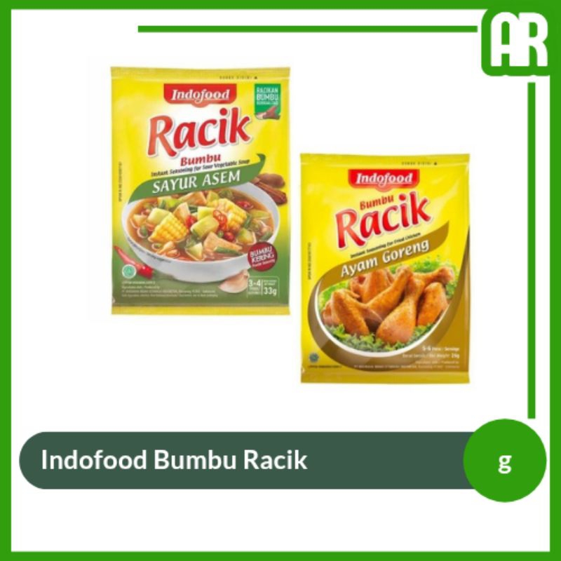 

Indofood Bumbu Racik Ayam Goreng 25g - Bumbu Racik Sayur Asem 33g - Bumbu Racik Nasi Goreng 20g - Bumbu Racik Sayur Sop 20g - Bumbu Racik Tahun & Tempe Goreng 20g - Bumbu Racik Masakan | AR Ostore