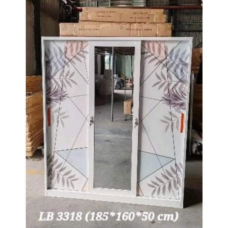 Lemari Pakaian Besi Sliding Geser Import 3 pintu Kaca Panjang LB 3330 LB 3318 Promo Murah - Lemari B