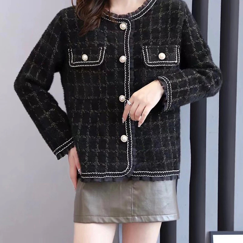 Cardigan Tweet Motif Kotak Panjang Knitwear