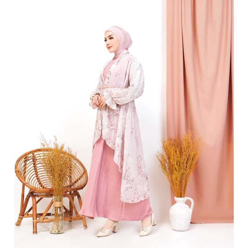 Hania Maxi Dress - Inner Plisket Gelombang + Outer Ceruty motif bunga Lepas Pasang Free Belt Mutiara