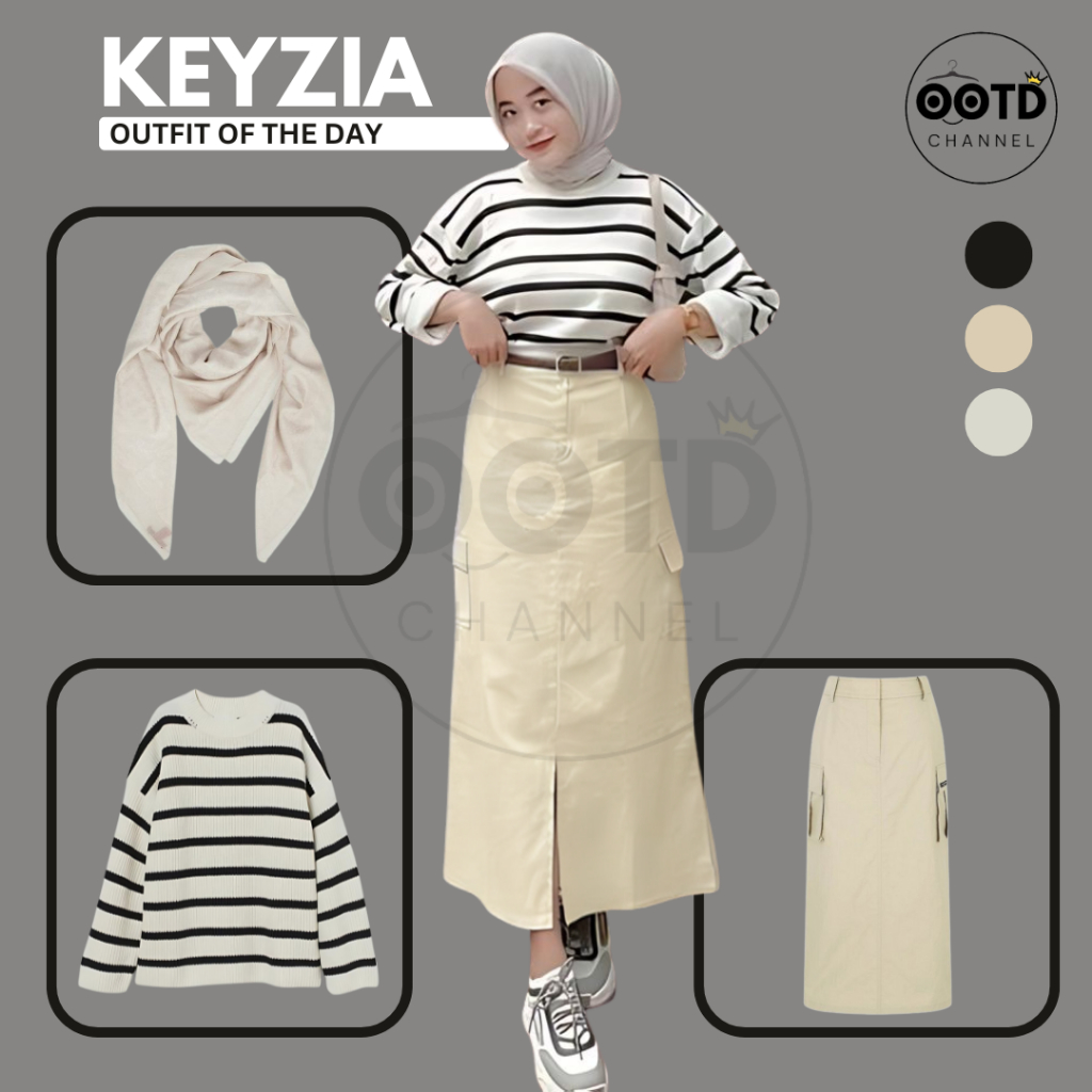 OOTD One Set Terbaru Kekinian Hijab Kaos Stripe Rok Cargo Premium Hijab Segiempat Wanita KEYZIA