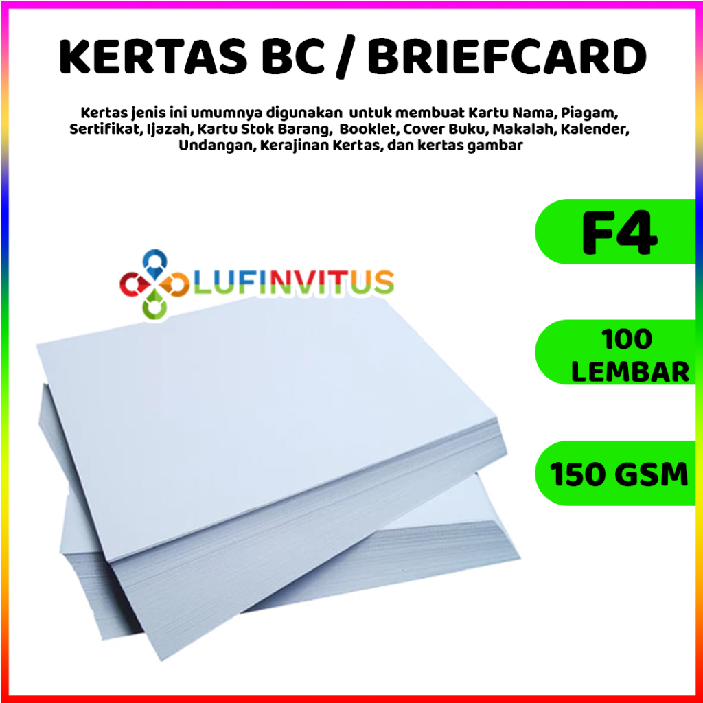 

[500 LEMBAR HIQH QUALITY] Kertas BC / Kertas Briefcard Ukuran F4 (215mm x 330mm) 150 GSM Putih