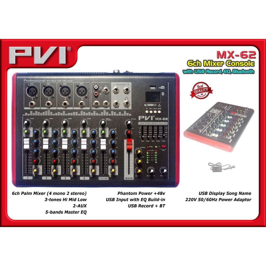 PVI MX-62 Mixer Console dengan USB,  EQ dan Bluetooth