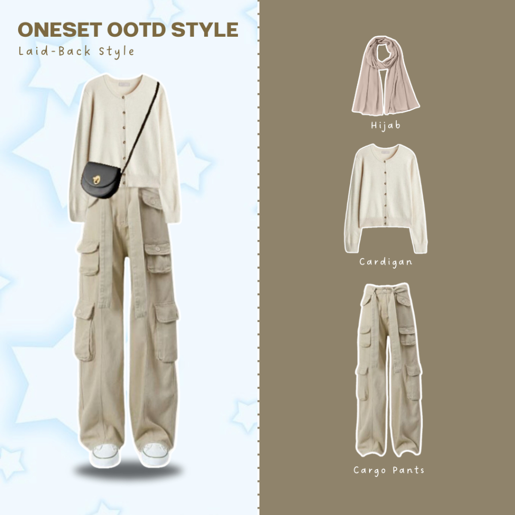 Laid-Back Style / Outfit Set / Cardigan Rajut Waffle / Cargo Pants / Hijab Pashmina / Oneset Korea