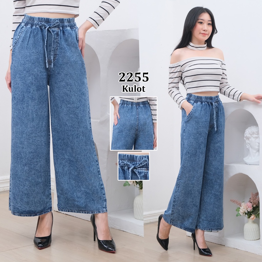 celana kulot demin cewe pinggang karet - celana kulot denim cewe