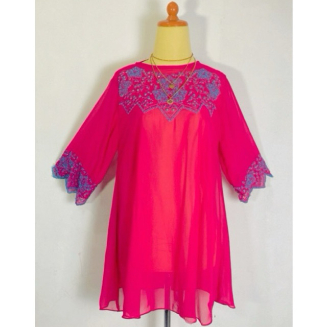 Atasan Blouse Dress Tunik kaftan bahan siffon premium kombinasi bordir lengan kupu kupu butterfly wa