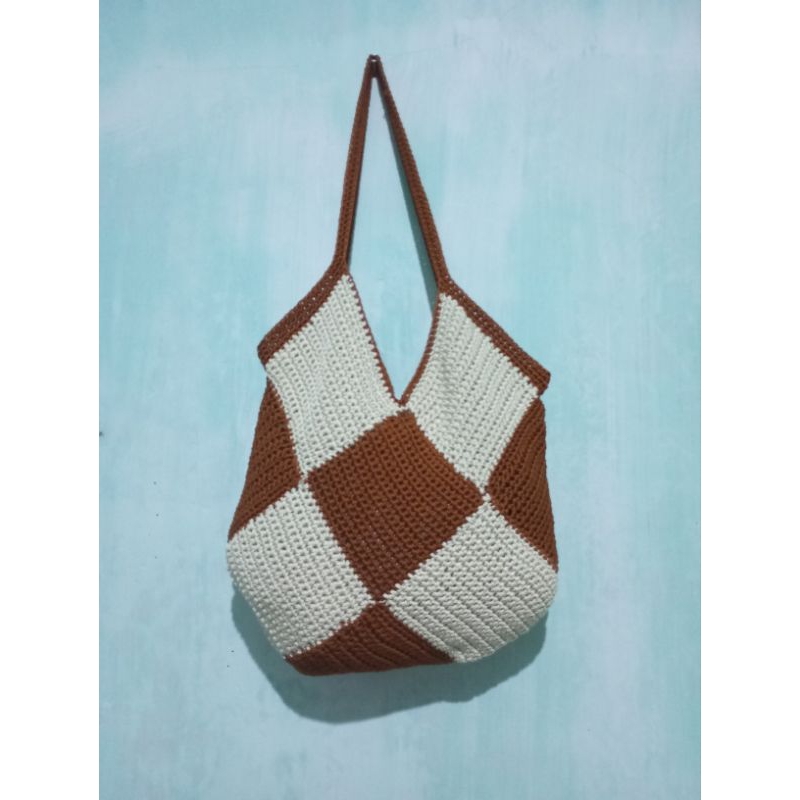totebag rajut motif kotak/totebag rajut wanita