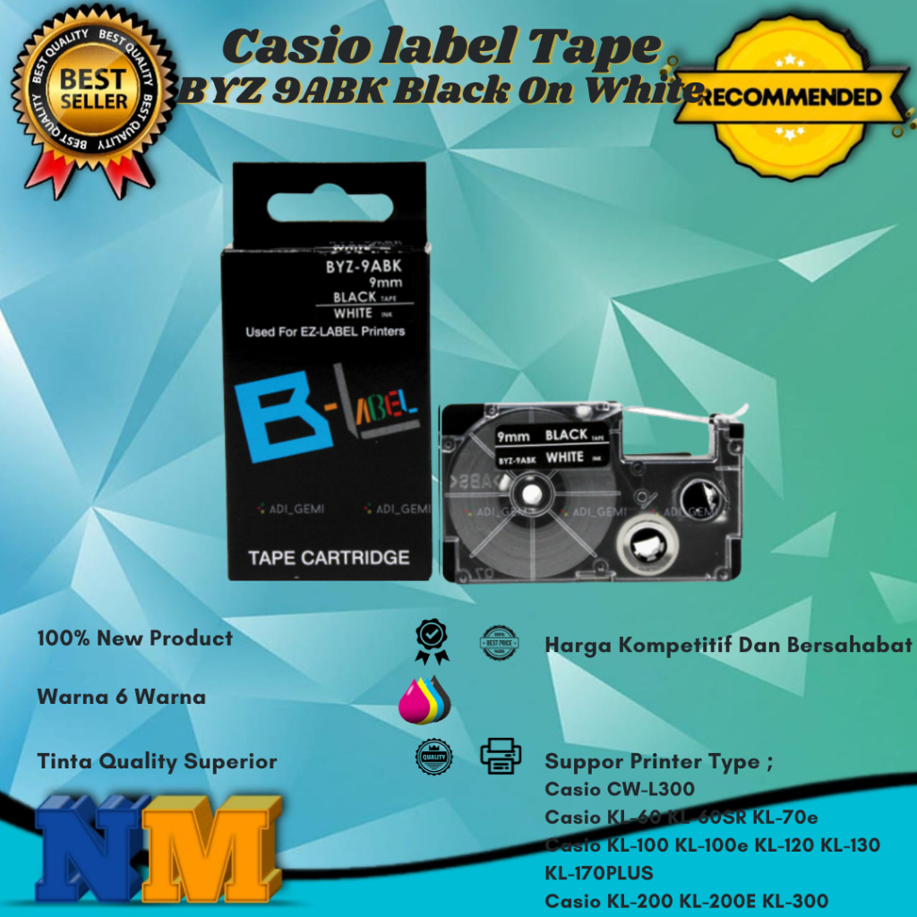 

Compatible Casio label Tape BYZ 9ABK Black On White - KL-100 KL-100e KL-200