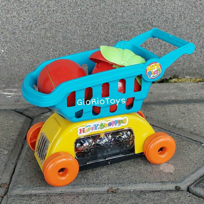 Mainan Anak Trolly Keranjang Supermarket Musik Baterai Happy Shopping Cart Plus Buah Buahan / Mainan