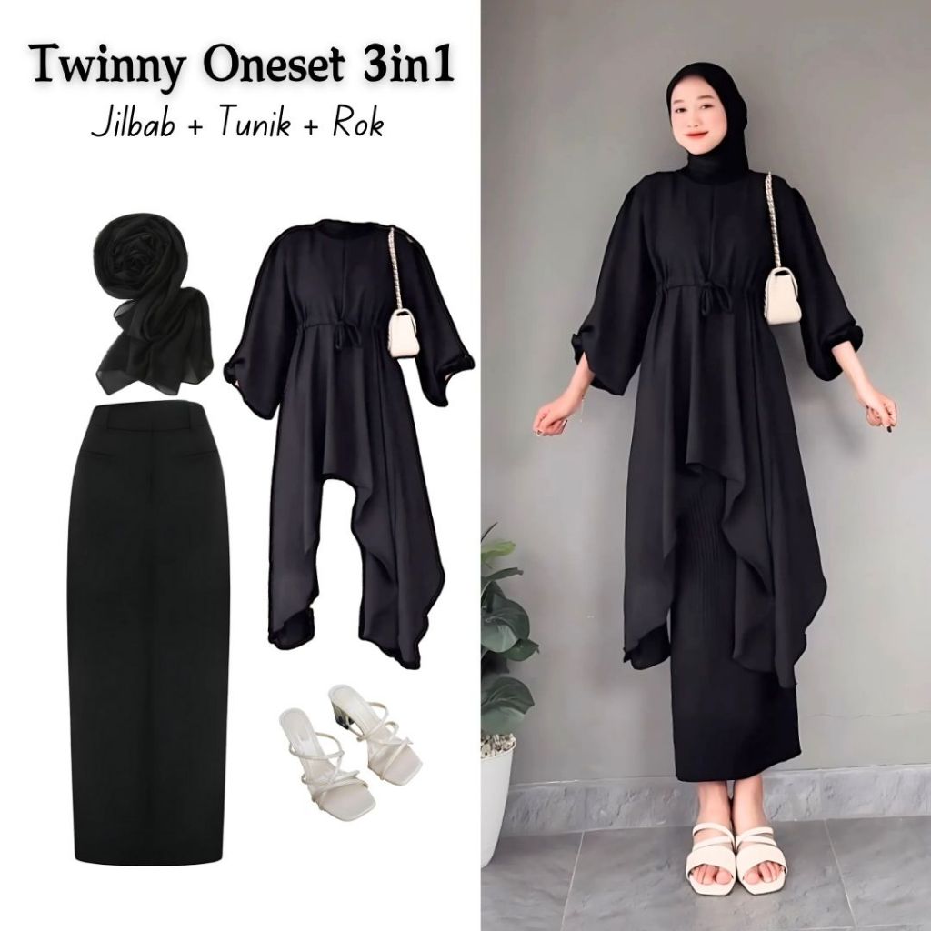 One set 3in1 baju panjang tunik hitam rok span hitam jilbab bella | ootd outfit oneset lebaran bukbe