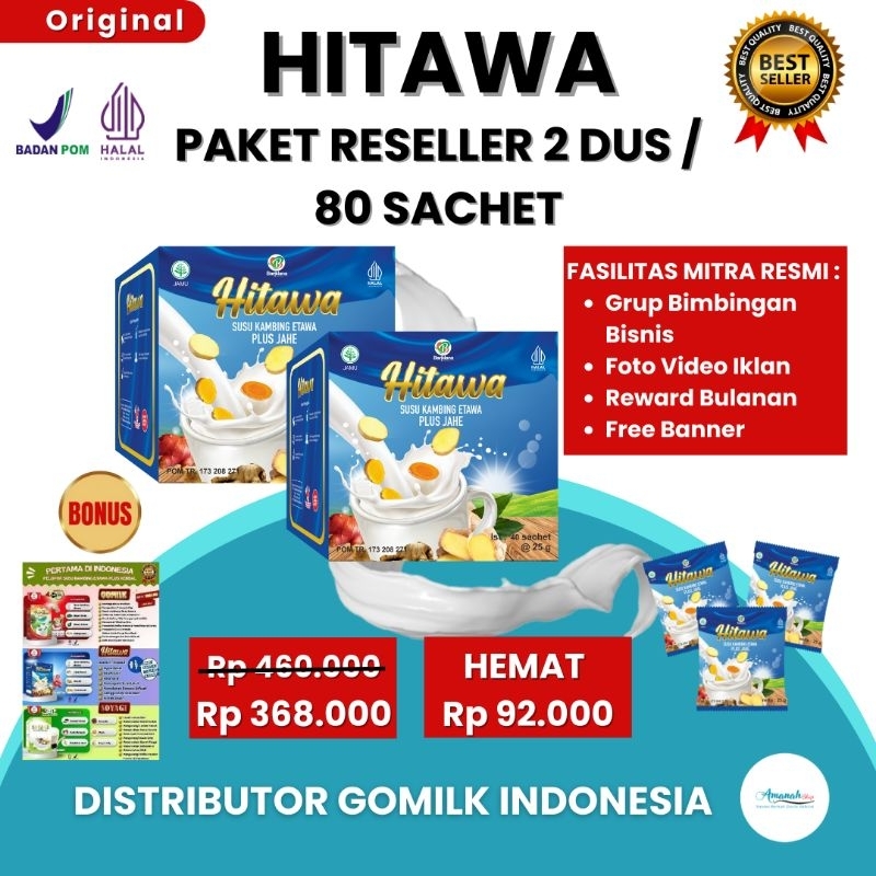 

[BISA COD + GARANSI] [GRATIS BANNER] [PAKET RESELLER 2 DUS/80 SACHET] HITAWA SUSU KAMBING ETAWA PLUS JAHE